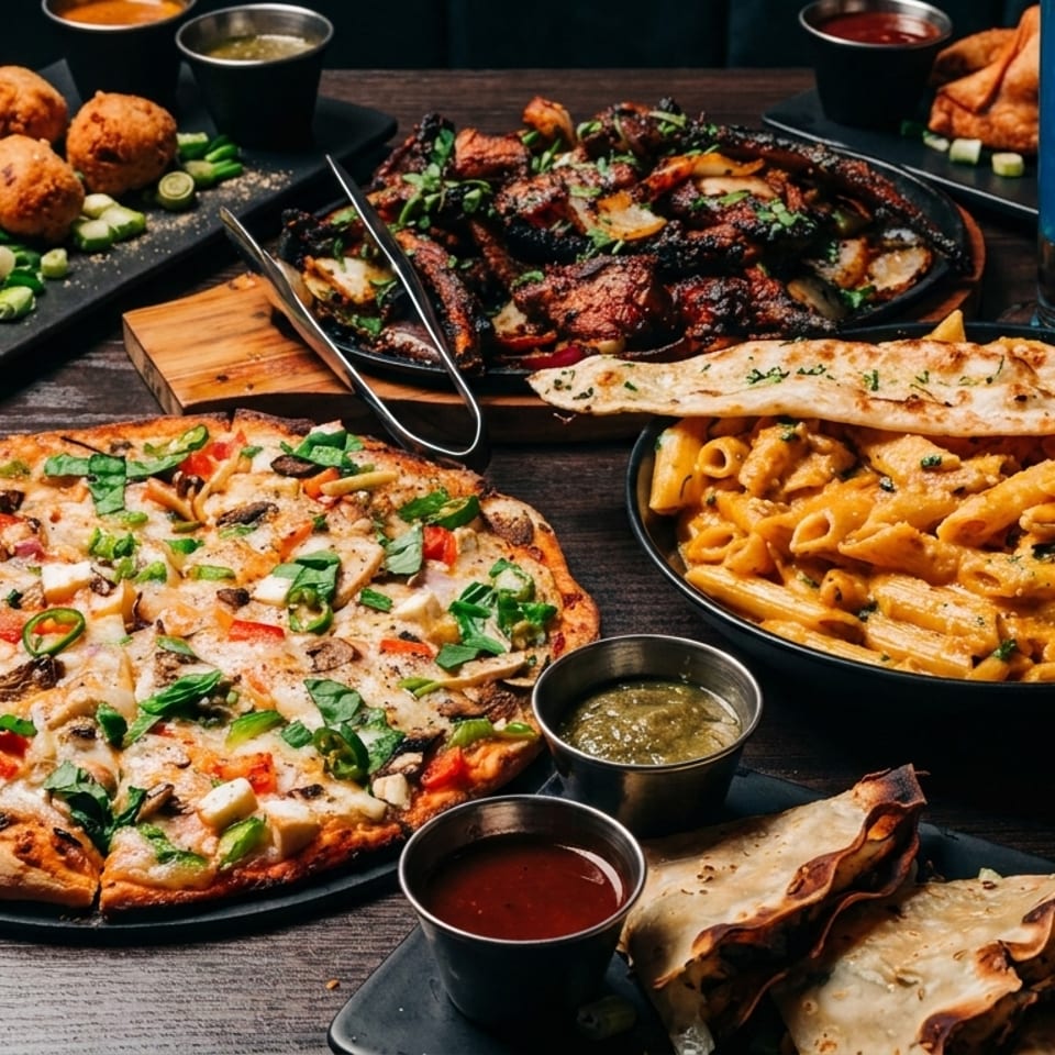 A table laden with various dishes including pizza, pasta, fried appetizers, and cocktails.