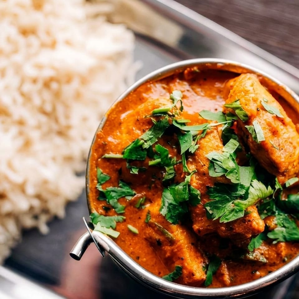 Chicken curry with fresh cilantro in a metal bowl, served with white rice on a tray.