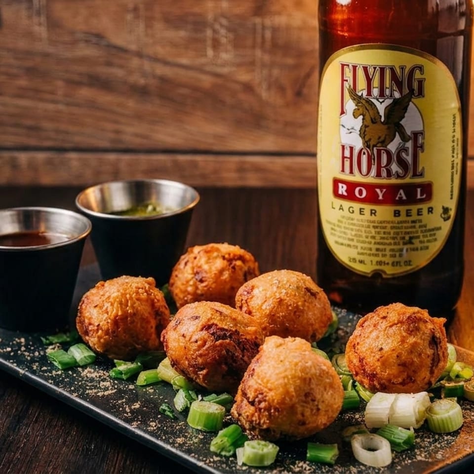 Fried hushpuppies with dipping sauces and a bottle of Flying Horse Royal Lager Beer.