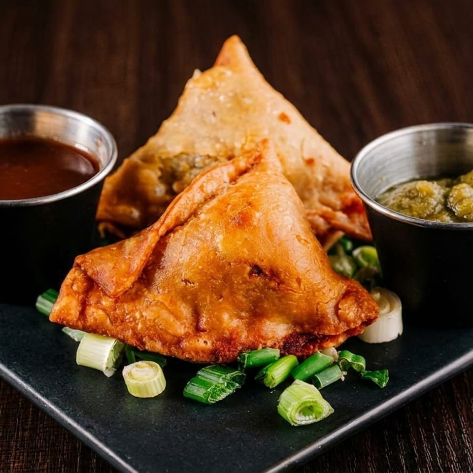 Two golden-brown samosas with chopped green onions, served with two dipping sauces on a dark plate.