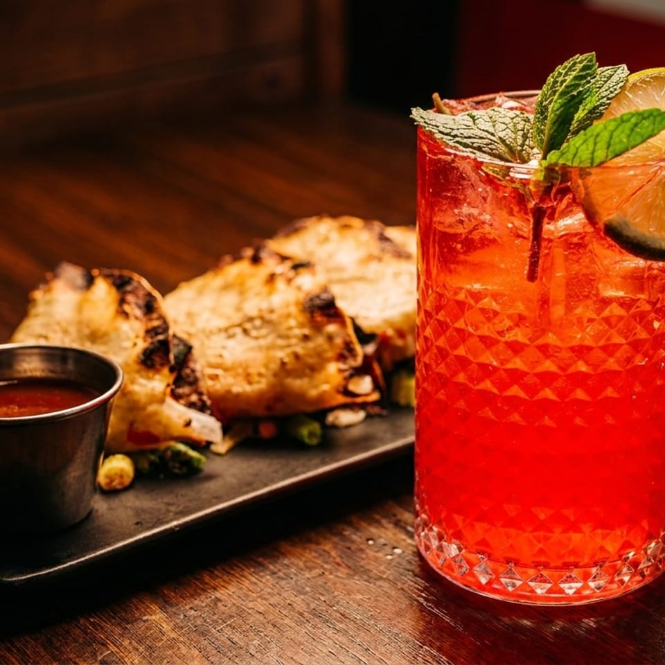 Red cocktail with lime and mint, next to grilled tacos and two dipping sauces on a wooden table.