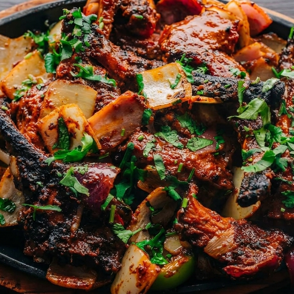 Sizzling lamb chops with onions, peppers, and cilantro in a black skillet on a wooden board.
