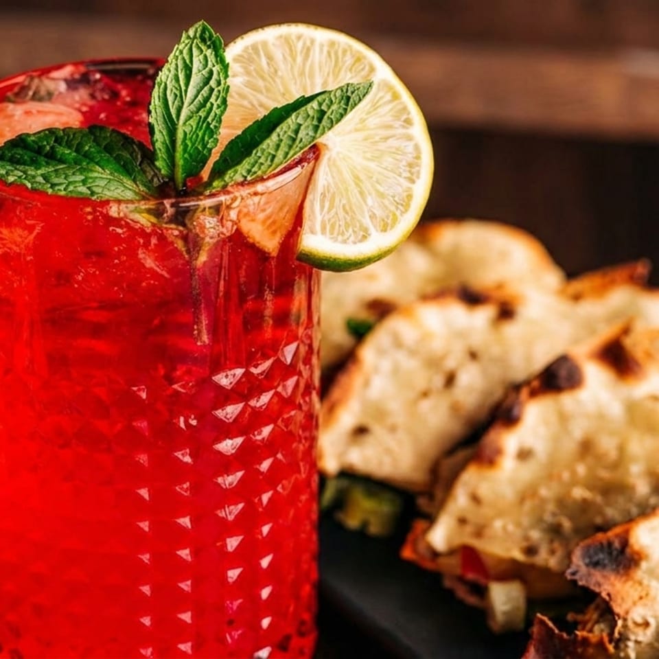 Red cocktail with mint and lime, next to several golden-brown quesadillas on a dark surface.