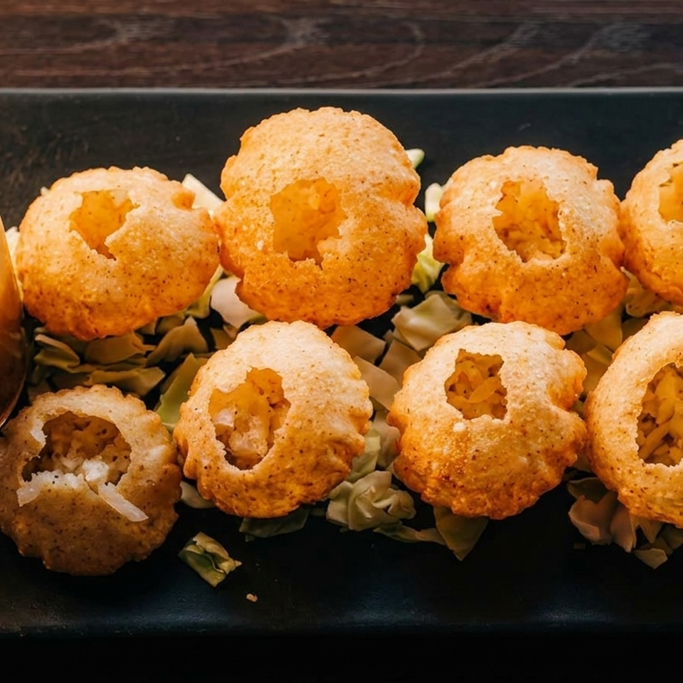 Seven pani puri shells filled with ingredients, served with a jar of tamarind water on a dark plate.