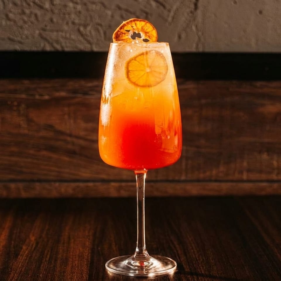 Vibrant orange and red cocktail with citrus garnishes on a dark wooden table.