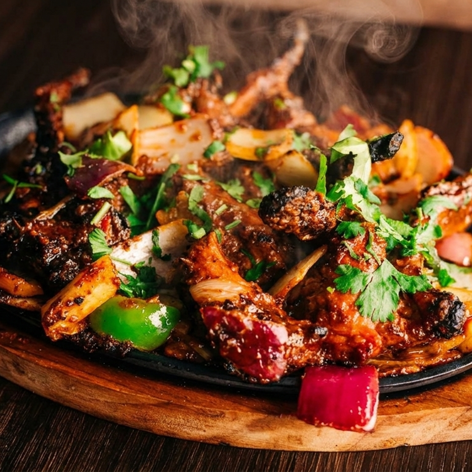 Steaming hot sizzling platter of chicken, onions, and bell peppers garnished with cilantro.